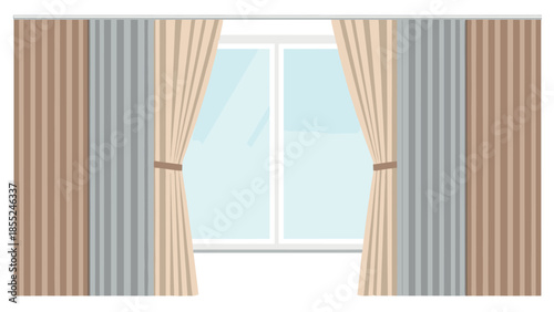 Gracefully opened curtains with ties in soft beige and grey tones revealing a bright window, offering a welcoming and airy interior aesthetic.