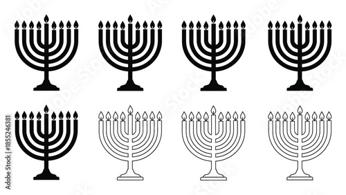A collection of menorahs in various styles black and white depictions