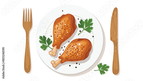 Delicious roasted chicken drumsticks seasoned with herbs and spices, served on a white plate with a fork and knife, ready for a savory meal.