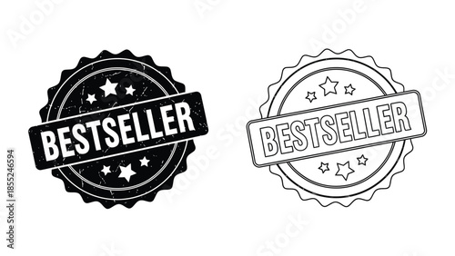 Two black and white bestseller badges with stars and ribbon banners