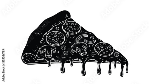 A single slice of pizza with mushrooms and pepperoni dripping cheese