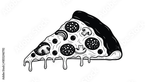 A detailed black and white sketch of a single slice of pepperoni pizza