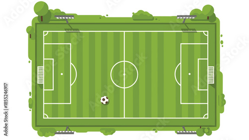 Detailed aerial view of a vibrant green football (soccer) field with white markings, goals, and a ball, ready for an exciting match.