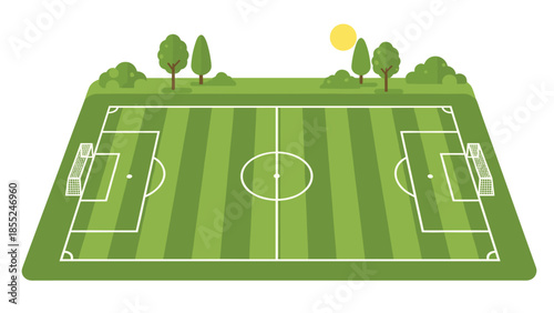 Isometric view of a meticulously maintained green football (soccer) field, complete with goals, white lines, trees, and sunlight, ready for a game.