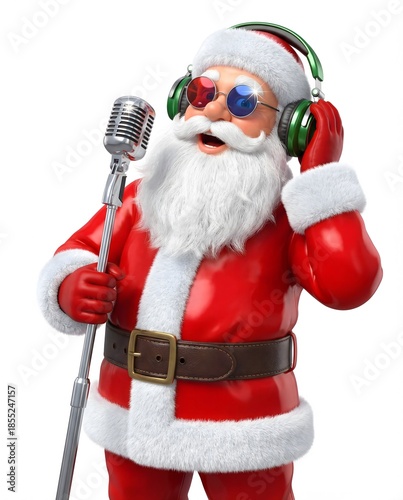 Festive Santa Claus Singing Karaoke with Green Headphones and 3D Glasses
