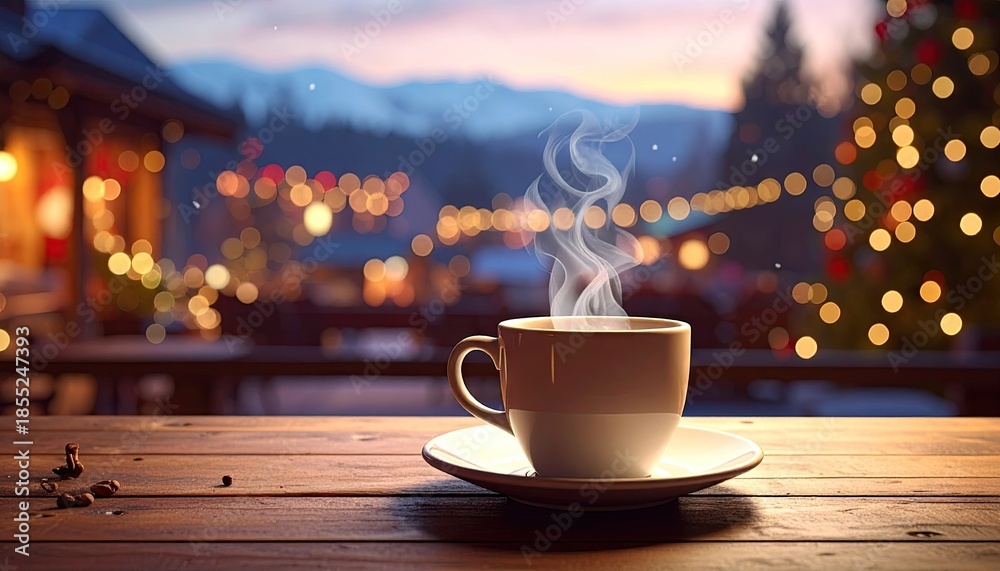 Obraz premium Warm Coffee Cup on Wooden Table at Christmas Market