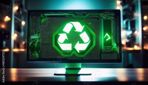 an electronic waste concept featuring a desktop computer adorned with a bright green recycle symbol symbolizing the importance of recycling and proper disposal of electronic