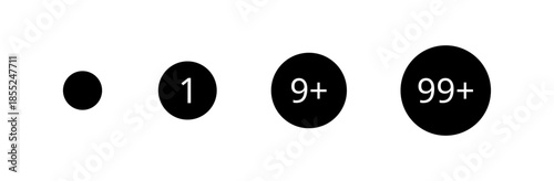 Notification badge UI elements with solid dot and circular counters showing 1, 9+ and 99+ alerts for apps, messages, SaaS dashboards and website interfaces