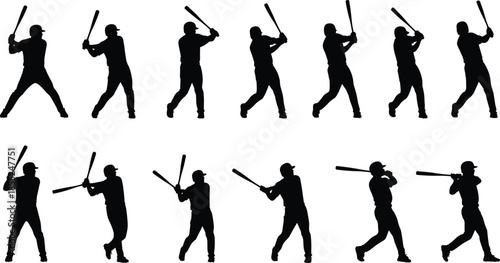 Baseball swing, player silhouette, batting motion, sports vector, athletic pose, black silhouette, training, stance, follow-through, wind-up, bat, action, game, athlete, sport, movement, technique
