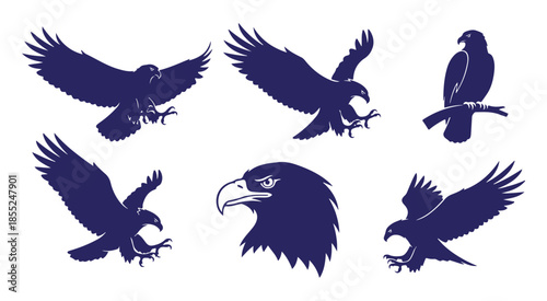 Eagle silhouettes set displaying flying, perched, and head profile views