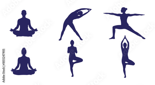 A collection of six yoga pose silhouettes illustrating different exercises