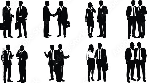 Business silhouette, professional interaction, corporate meeting, handshake pose, teamwork, communication, office attire, mobile use, briefcase, standing pose, gesture, collaboration, business talk