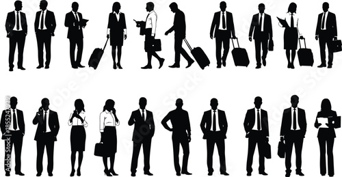 Business traveler silhouettes with luggage and documents, professional men and women walking standing, corporate travel work concept isolated black figures