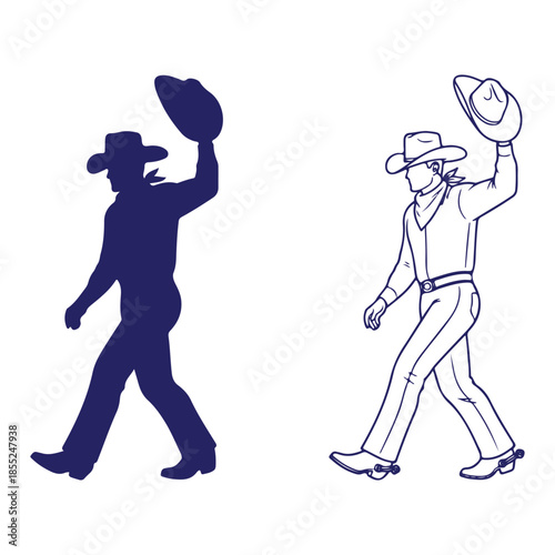 A walking cowboy in silhouette and outline form, lifting his hat in a friendly salute gesture