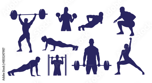 Collection of workout silhouettes representing various gym exercises and fitness activities