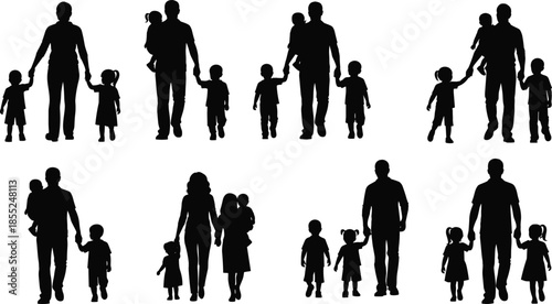Family silhouettes walking together, parents holding children hands, happy family concept, isolated black figures on white background illustration vector art