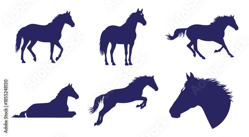 A collection of six horse silhouettes in various poses and actions