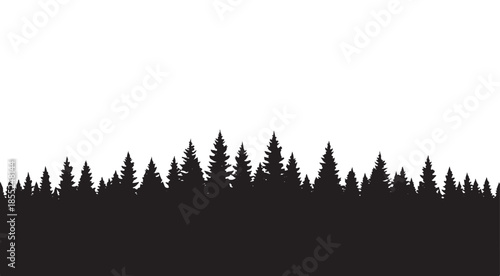 Black silhouette of a pine forest border on a solid white background
