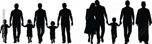 Family silhouettes walking together holding hands, parents and children bonding, happy family lifestyle love care concept isolated black figures illustration