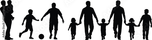 Family silhouettes with father mother and children walking playing together, happy parenting lifestyle bonding concept isolated black figures illustration
