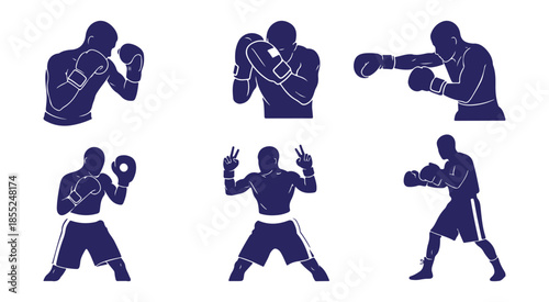 A collection of boxing silhouettes showing various fight poses and victory stance