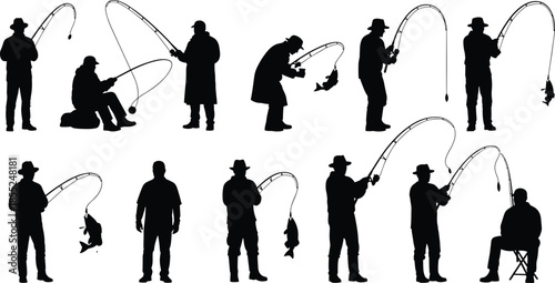 Fishing silhouettes collection with anglers catching fish using rods, standing sitting casting actions, outdoor leisure hobby concept isolated black figures