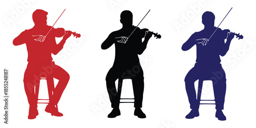 Three identical silhouettes of a violinist playing an instrument in different colors