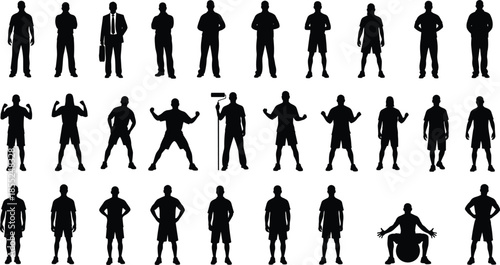Male silhouette, standing pose, action figure, black vector, body posture, casual stance, business attire, athletic motion, human gesture, flexing, squatting, holding object, paint roller, ball pose