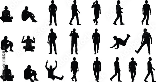 Male people silhouettes collection in sitting standing walking poses, casual human body movements and actions isolated black figures illustration set
