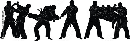 Martial arts silhouettes showing karate judo combat techniques, fighters training self defense sparring action isolated black figures illustration vector design
