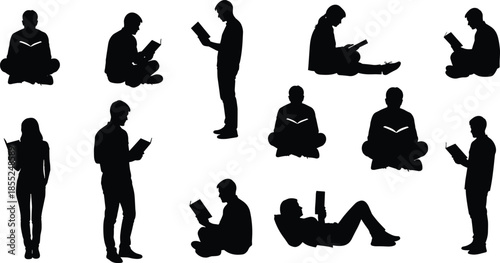 People reading book silhouettes in sitting standing relaxing poses, men and women studying learning knowledge concept isolated black figures illustration