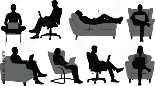 People silhouettes using laptops while sitting on chairs and sofas, remote work home office lifestyle concept isolated black figures illustration
