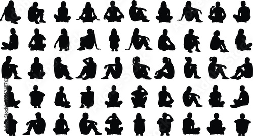 People sitting silhouettes collection in various relaxed poses, male and female casual body positions, isolated black figures illustration set