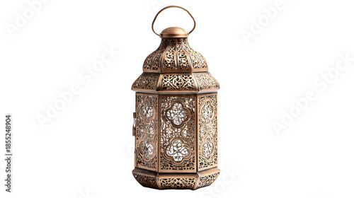 Boho style outdoor floor lantern made of patterned metal isolated on a clean white background.