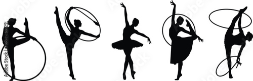 Rhythmic gymnastics and ballet dancer silhouettes performing elegant poses with hoops, artistic movement, flexibility strength isolated black figures