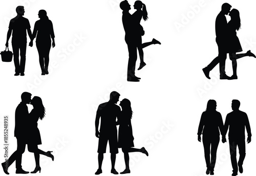 Romantic couple silhouettes in love moments, man and woman kissing hugging walking together, relationship romance concept isolated black figures illustration