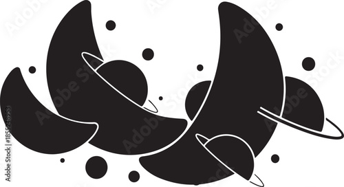 Elegant Celestial Silhouette Vector Design Capturing Abstract Moons and Planets in a Stylized Cosmic Landscape
