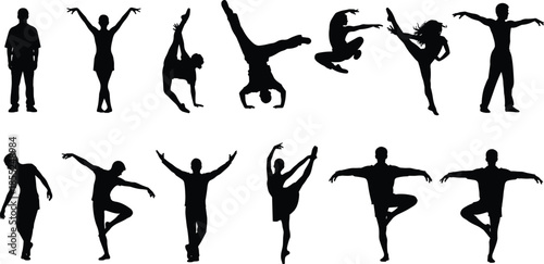 Silhouette dance poses collection, male and female dancers performing ballet, hip hop, acrobatics, modern movement, isolated black figures