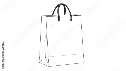 A simple black and white line drawing depicts a clean paper shopping bag with sturdy black handles isolated against a pure white background.