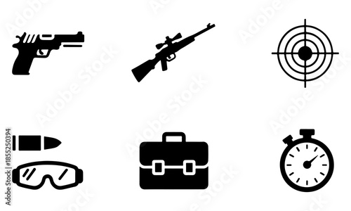 Collection of military and shootingrelated icons isolated on a transparent background