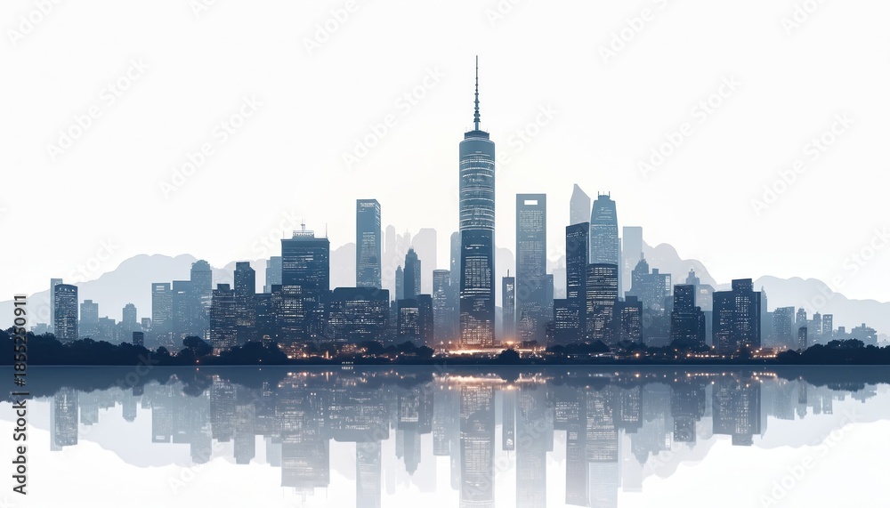 Fototapeta premium Modern city skyline with tall skyscrapers reflected in calm water. Urban landscape features business buildings and towers against a hazy mountain backdrop under a bright sky.