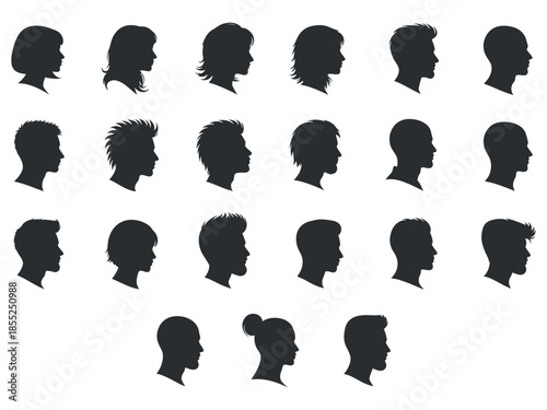 Diverse collection of black silhouettes depicting various human head profiles and hairstyles