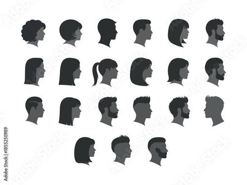Diverse collection of human head silhouettes in various hairstyles and profiles