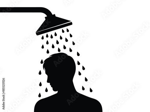 A person silhouetted taking a shower with water falling from the showerhead