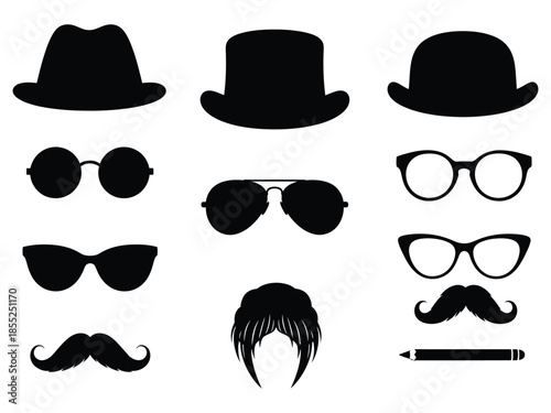 Collection of stylish hats sunglasses mustaches and other accessories in black