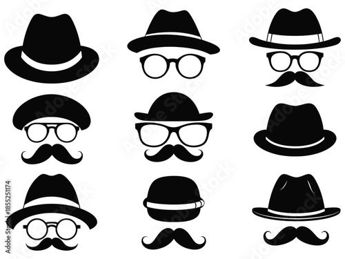 Collection of stylish hats glasses and mustaches in a black and white design