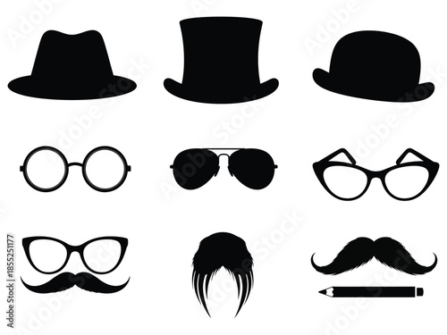 Collection of stylish hats glasses mustaches and facial hair silhouettes