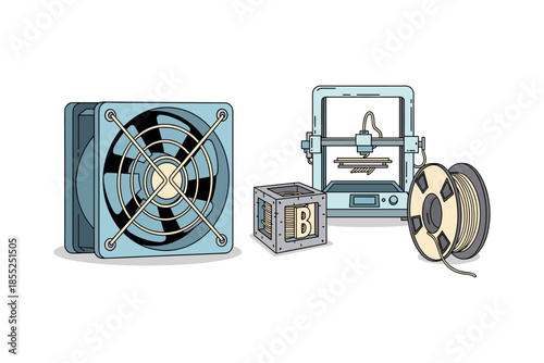 3d printing components: printer, fan, filament spool, circuit board, linear style