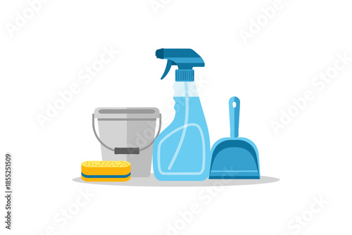 Cleaning supplies set with bucket, sponge, spray bottle, and dustpan on white background