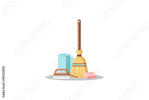 Flat cleaning tools composition with broom, brush, and soap bar on white background